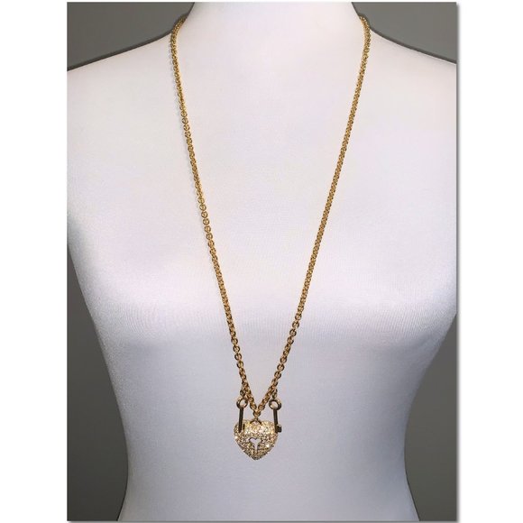 Napier Gold Crystal Heart Faux Locket and Keys Long Necklace EUC - Picture 2 of 4